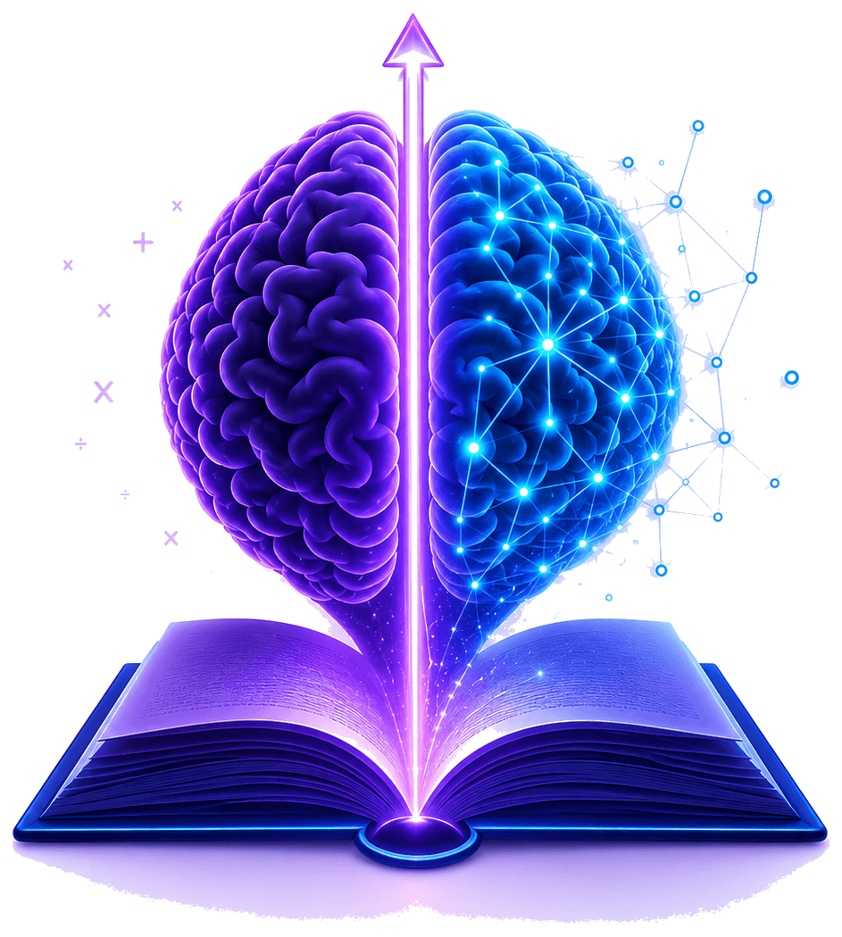 A glowing brain rising from an open book, Magic to Logic